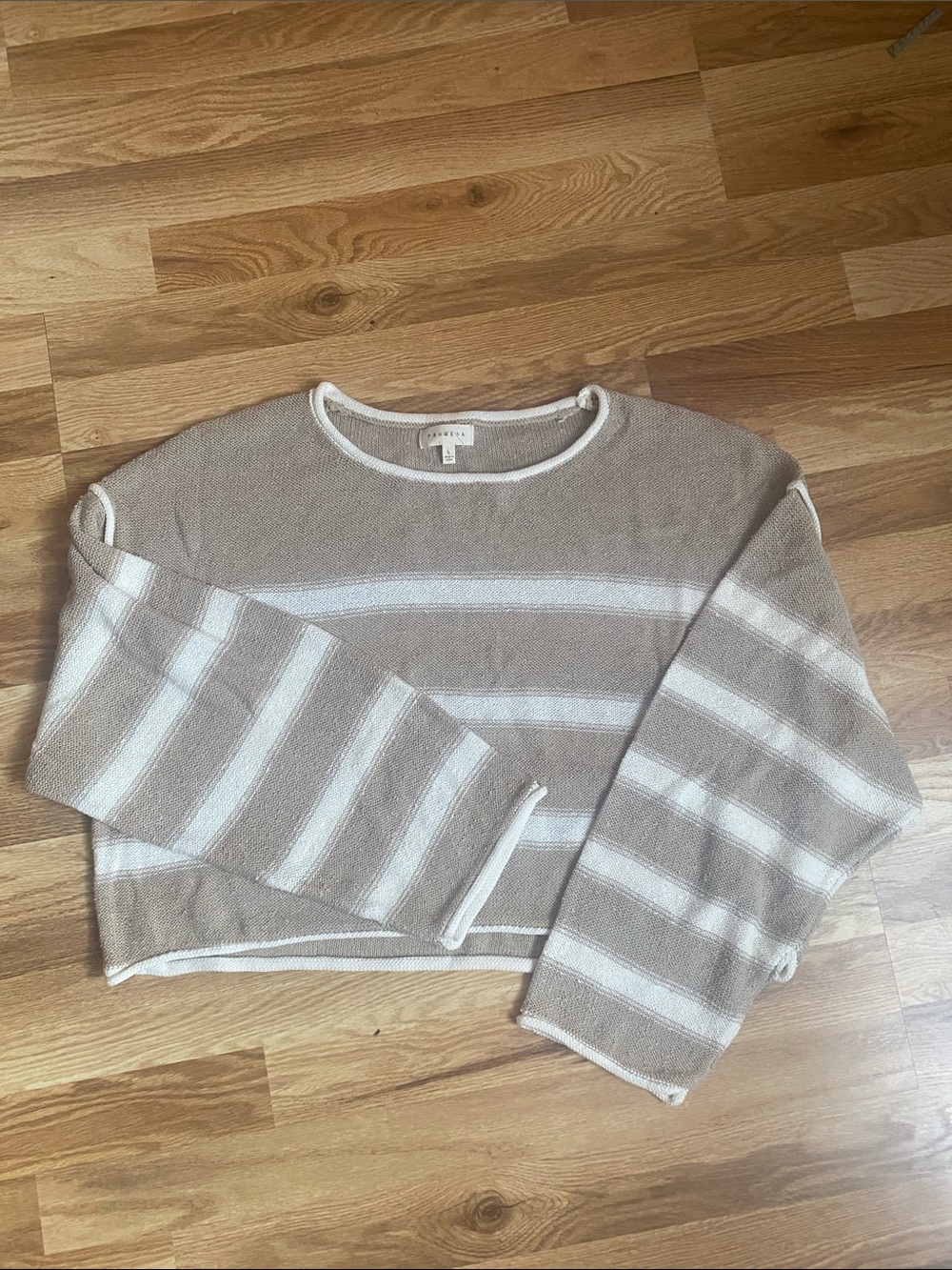 Promesa Taupe and White Striped Crewneck Sweater